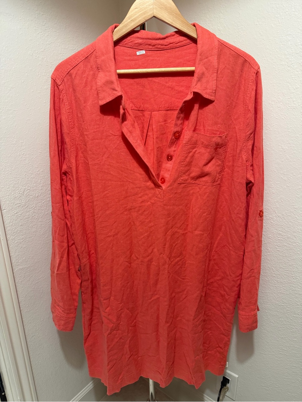 Magellan Outdoors Coral Long-Sleeve V-Neck Linen Blend Tunic Dress Swim Coverup